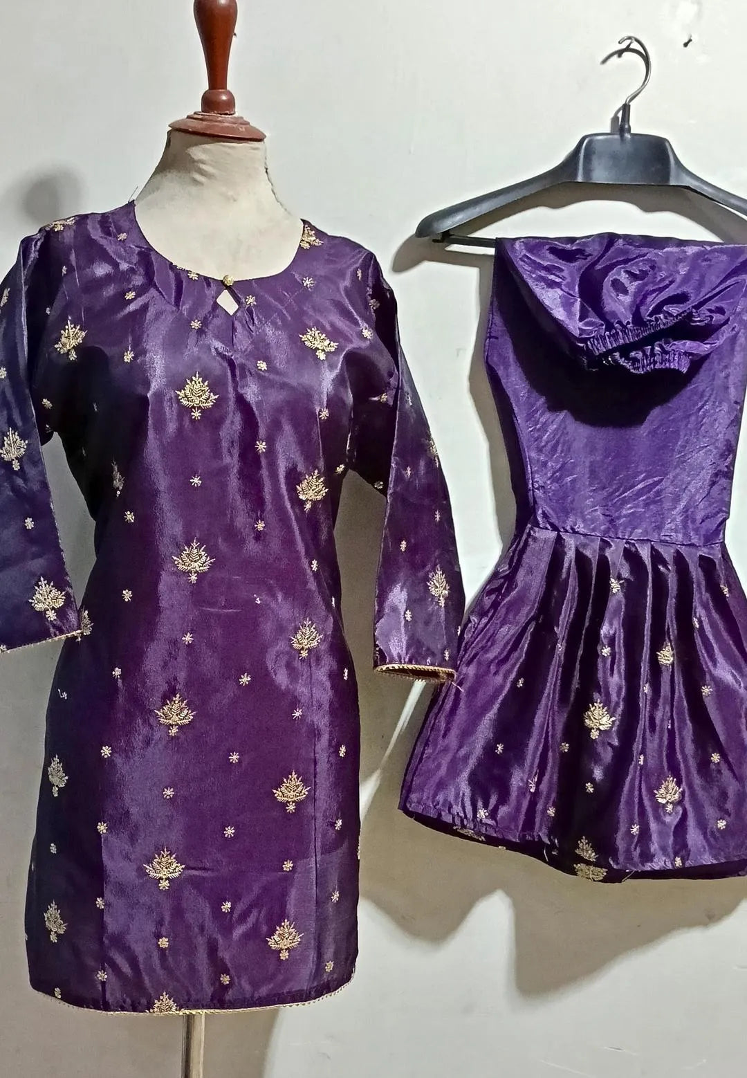 2 Pcs Women's Stitched Katan Silk Embroidered Shirt And sharara 2p