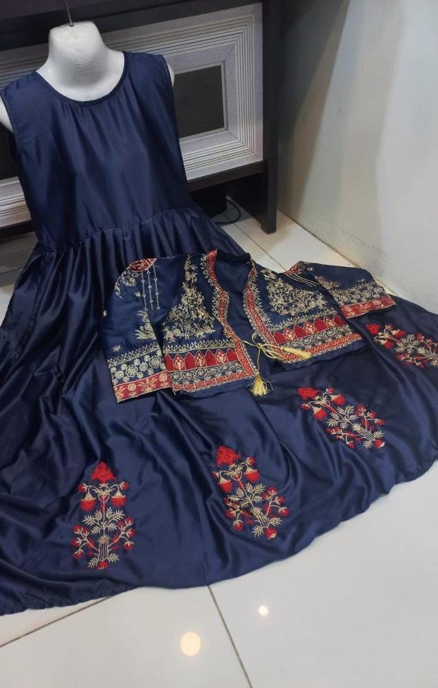 2 Pcs Women's Stitched Silk Plain Maxi With Embroidered Jacket