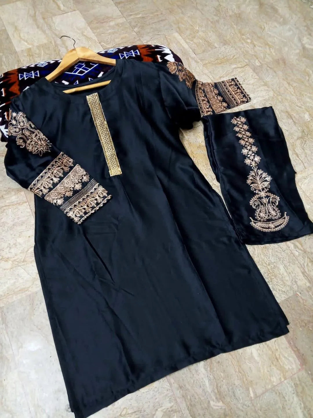2 Pcs Women's Stitched Silk Embroidered Shirt And Trouser