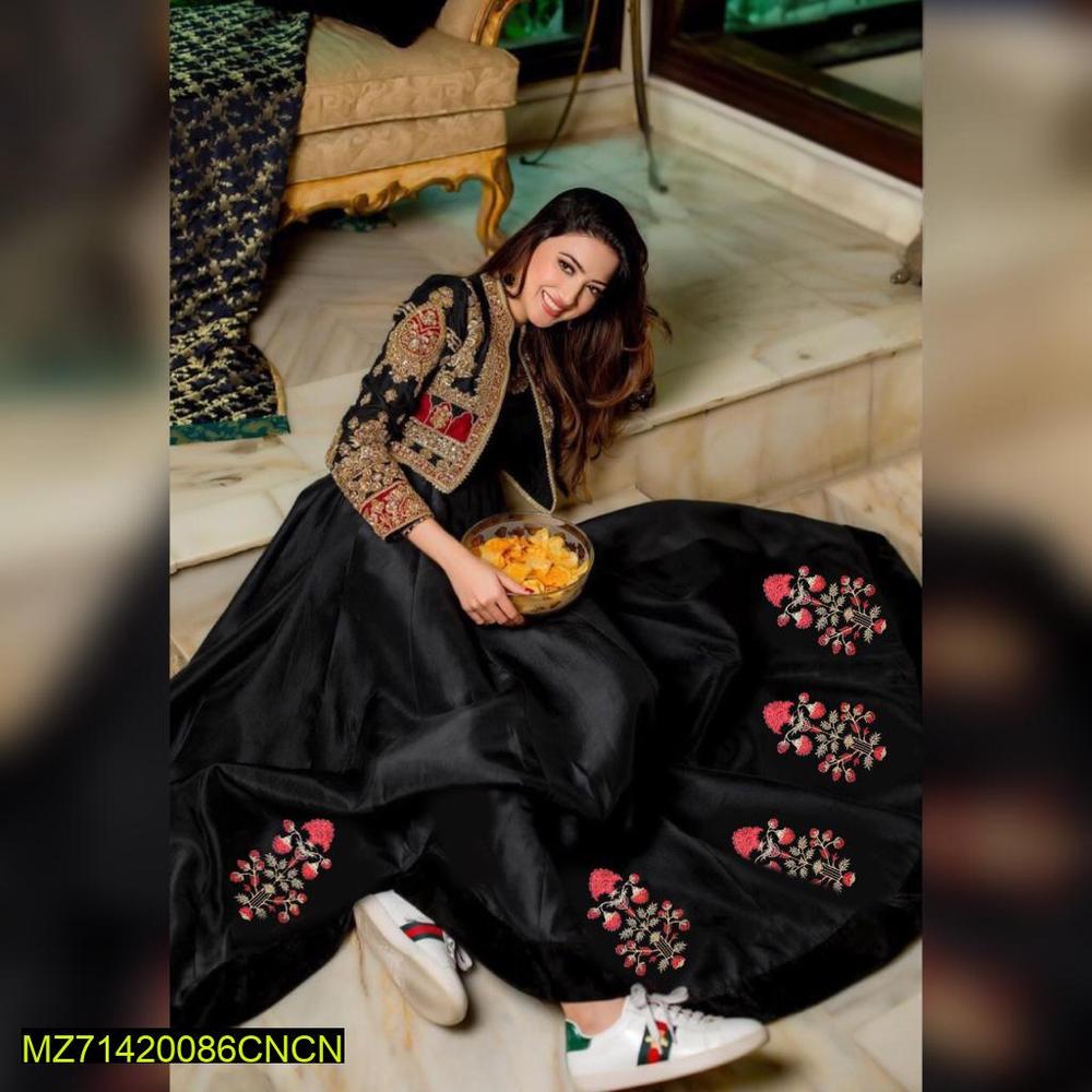 2 Pcs Women's Stitched Silk Plain Maxi With Embroidered Jacket