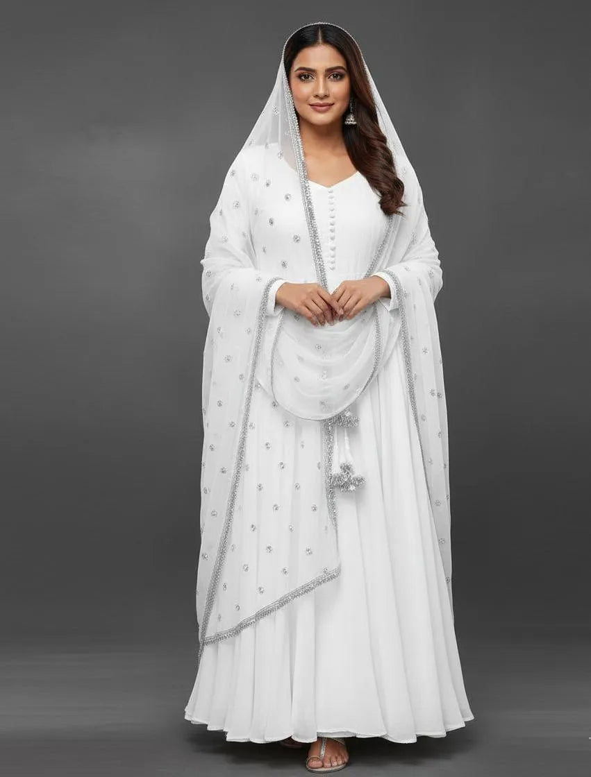 Elegant White Crinkle Chiffon Maxi Suit – 3 Pcs Ensemble with Dupatta & Trouser