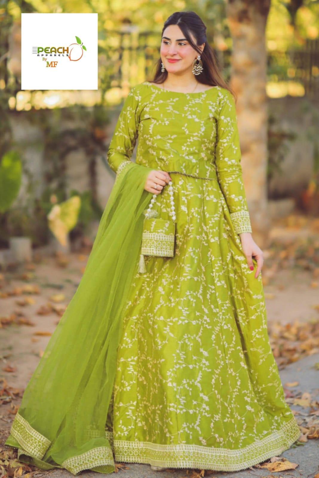 4 Pcs Women's Stitched Shamoz Silk Embroidered Lehenga Choli