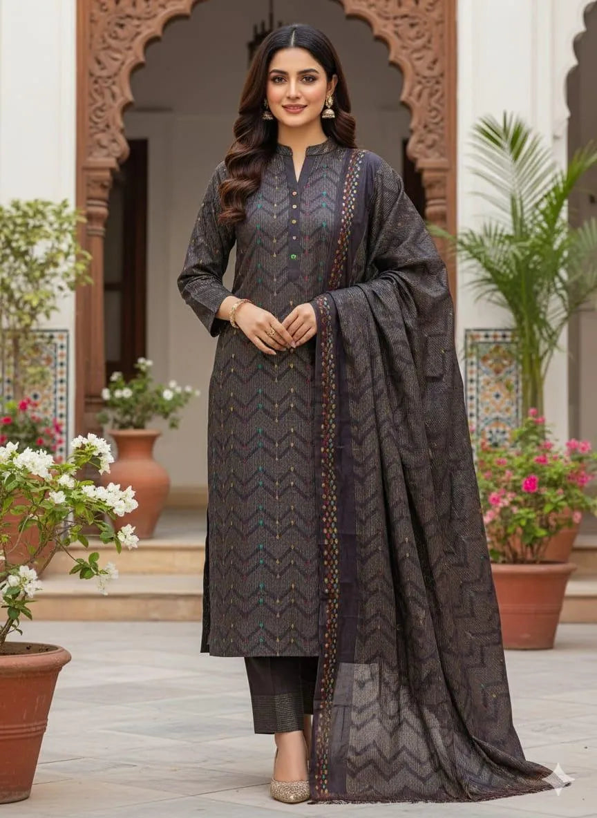 3 Pcs Women's Unstitched Printed Embroidered Suit