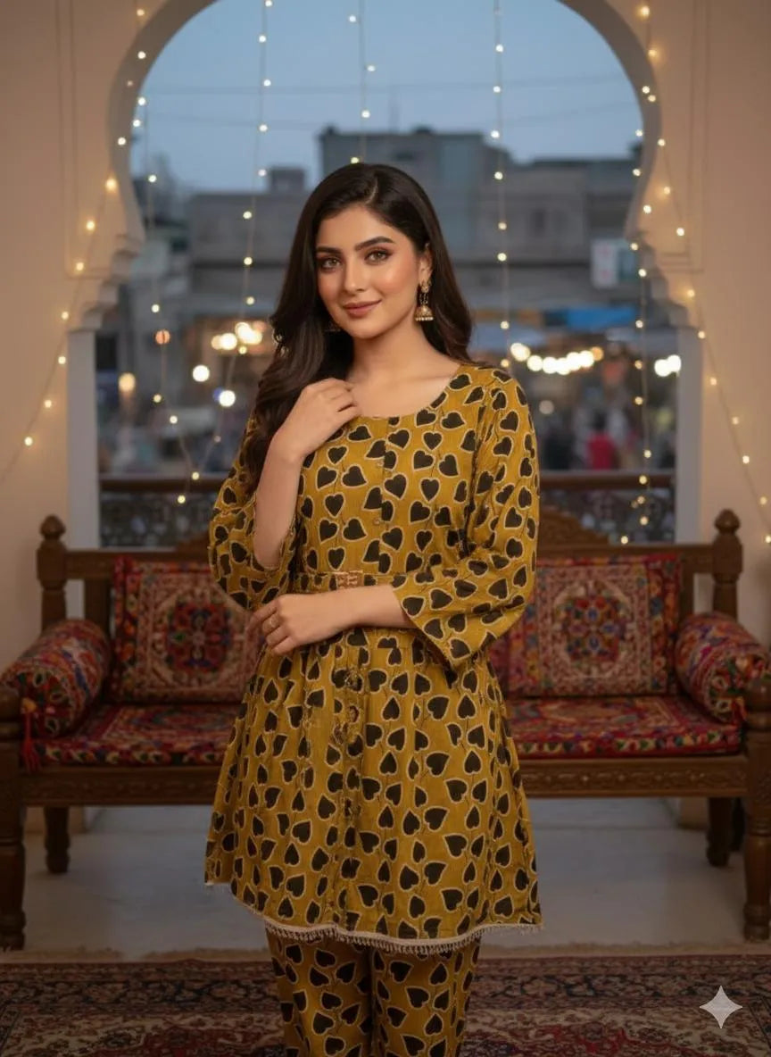 SByS Presents 2 Pcs Women's Stitched Khaddar Printed Frock And Trouser