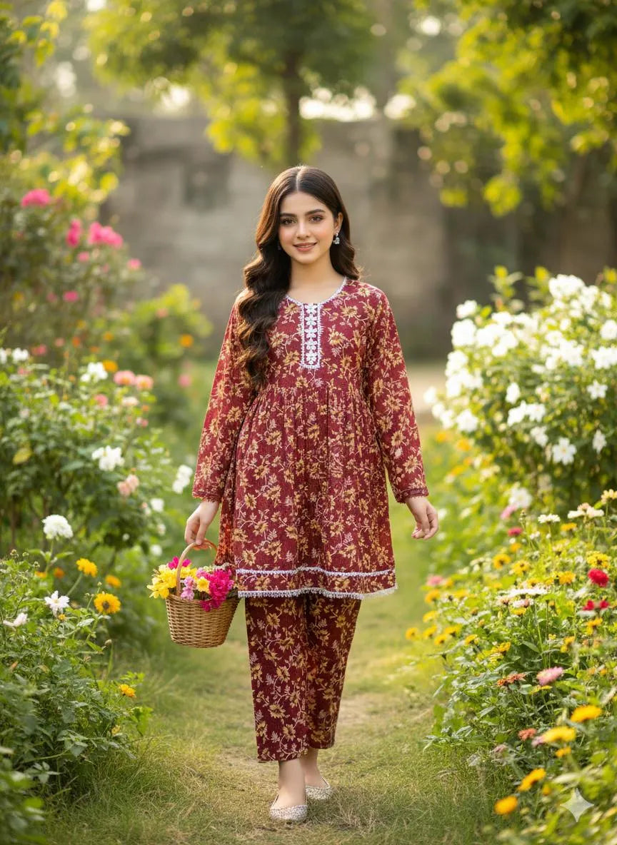 SByS Presents 2 Pcs Women's Stitched Khaddar Printed Frock And Trouser