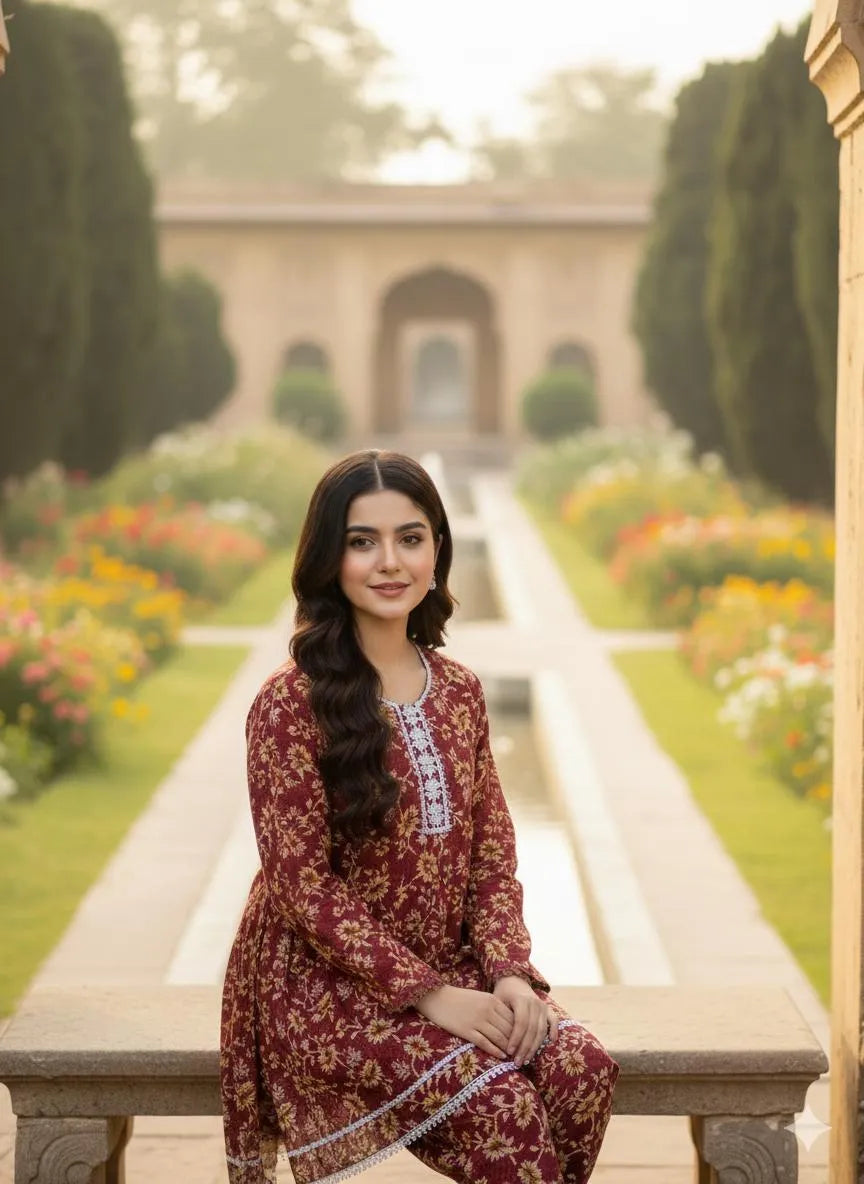 SByS Presents 2 Pcs Women's Stitched Khaddar Printed Frock And Trouser