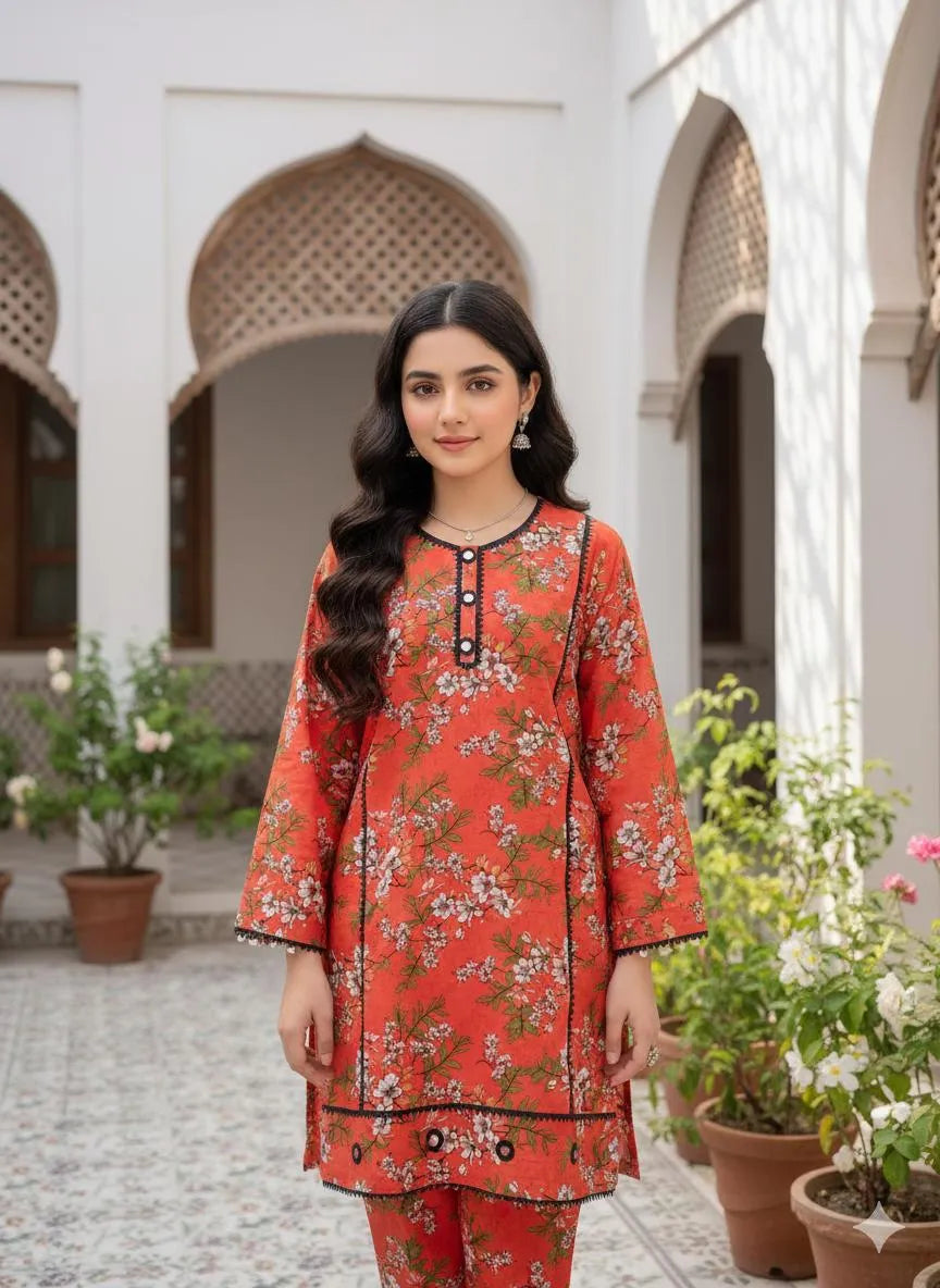 SByS Presents 2 Pcs Women's Stitched Khaddar Printed Frock And Trouser