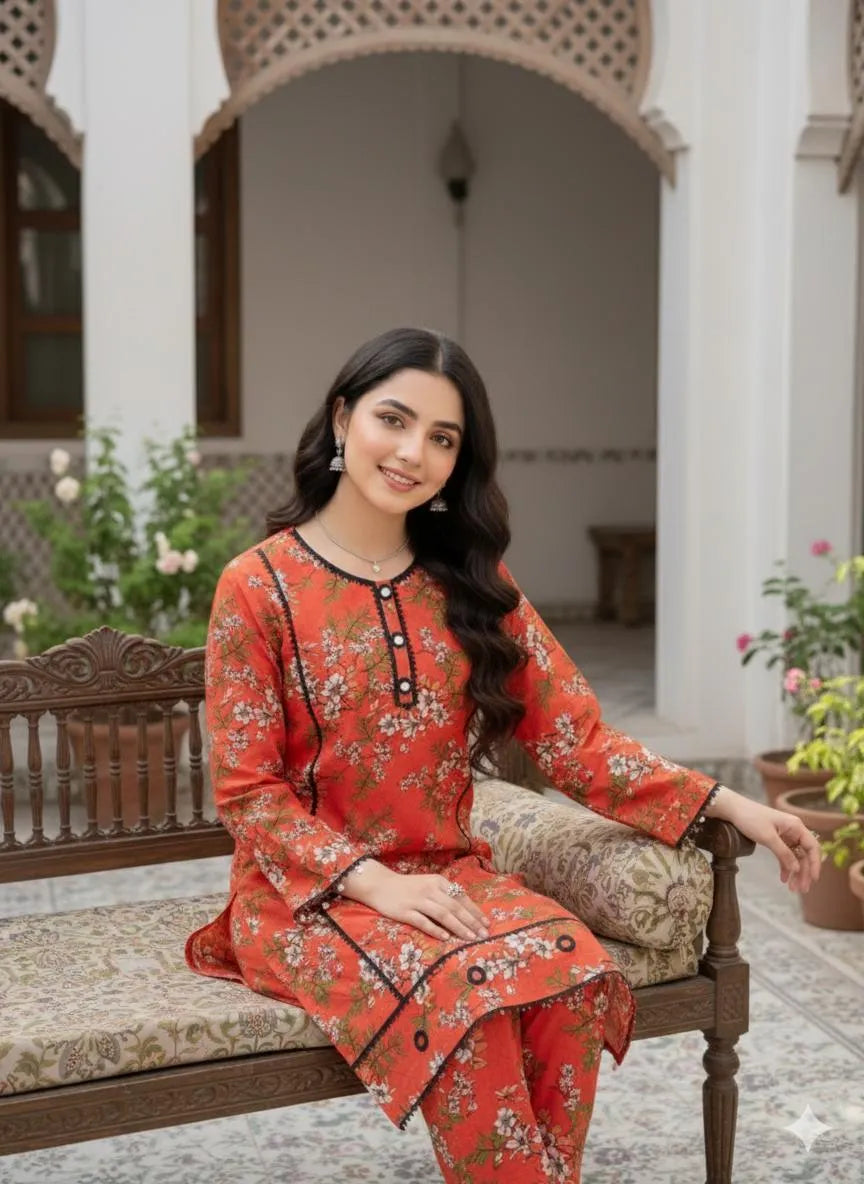 SByS Presents 2 Pcs Women's Stitched Khaddar Printed Frock And Trouser