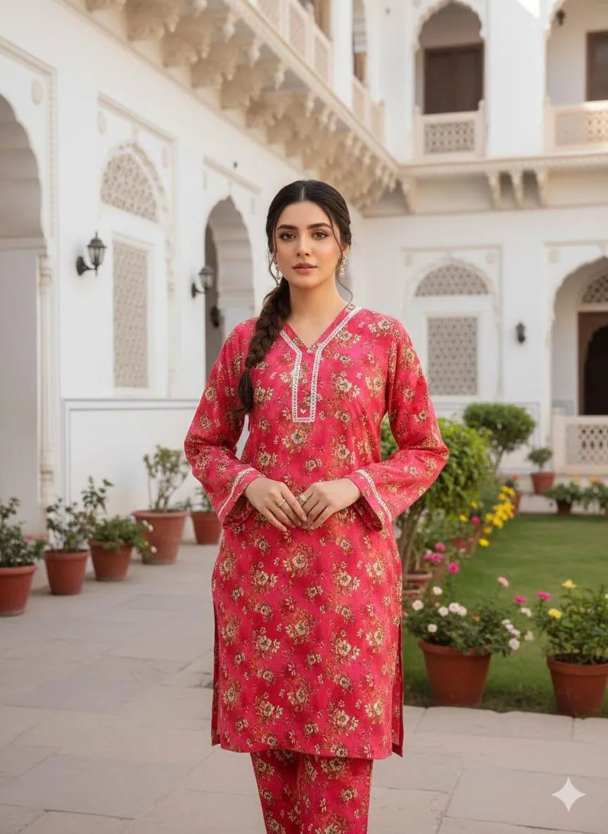 SByS Presents 2 Pcs Women's Stitched Khaddar Printed Frock And Trouser