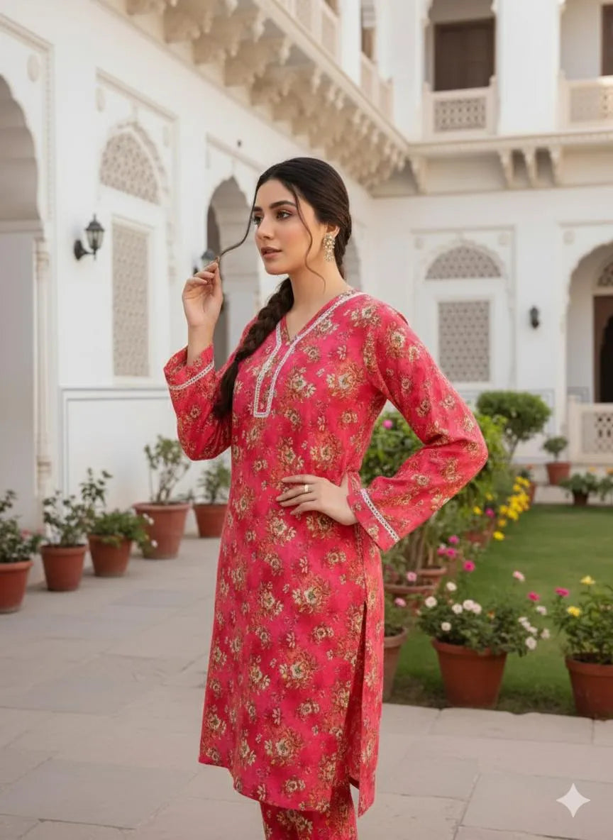SByS Presents 2 Pcs Women's Stitched Khaddar Printed Frock And Trouser