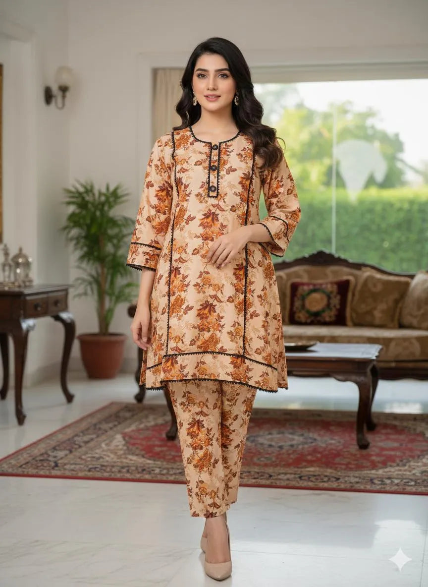 SByS Presents 2 Pcs Women's Stitched Khaddar Printed Frock And Trouser