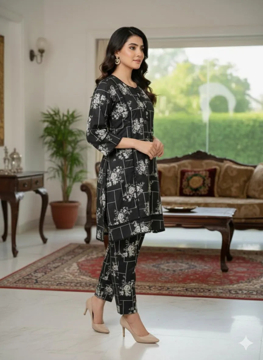 SByS Presents 2 Pcs Women's Stitched Khaddar Printed Frock And Trouser