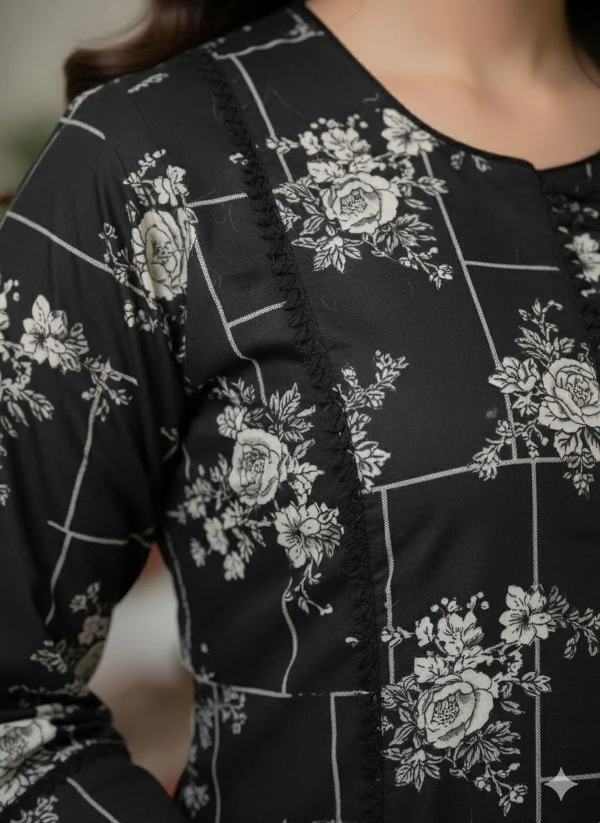 SByS Presents 2 Pcs Women's Stitched Khaddar Printed Frock And Trouser