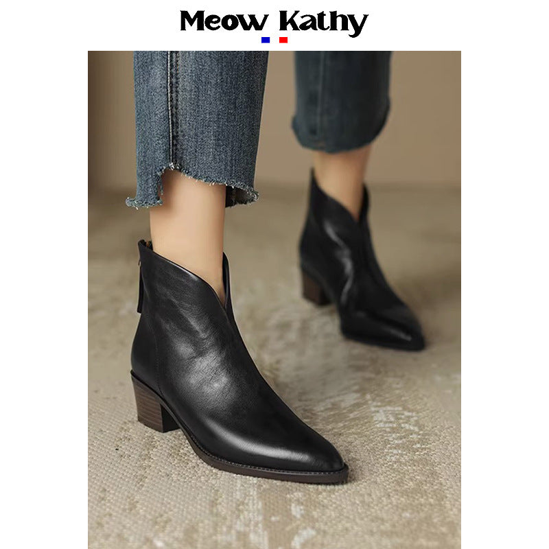 Retro Martin Boots Spring and Autumn Single Boots Women's Medium Heel Pointed Toe Thick Heel Short Boots Ankle Boots