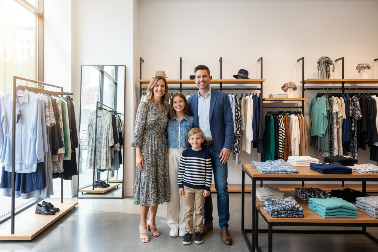 Make the photo in full frame for our shopify store the family they are standing at store cloths ultra 8k hd 